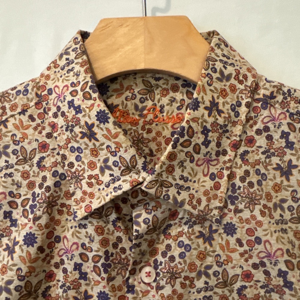 Alan Flusser Button Up Shirt LG Men's Tan Floral Short Sleeve Casual